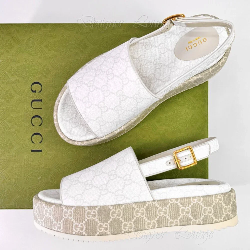 NEW GUCCI Angelina GG White Supreme Canvas Slingback Platform Sandals EU 40.5